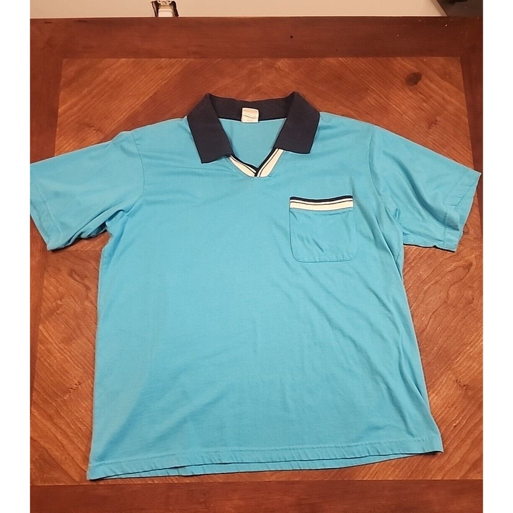 Vintage Haband Mens Polo Shirt Large Blue Solid Pockets 80s 90s Casual